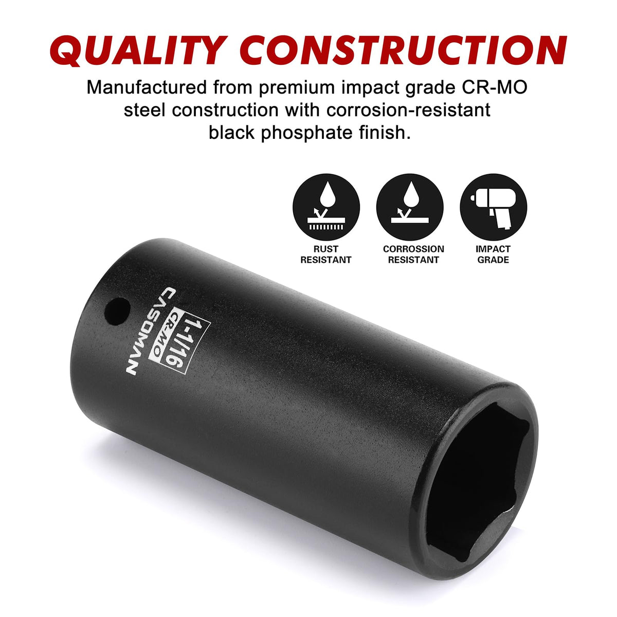 CASOMAN 1/2" Drive x 1-1/16" Deep Impact Socket, 6-Point, SAE, CR-MO