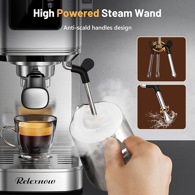RELEXNOW Espresso Machine, 20 Bar Espresso Maker Milk Frother & LCD Panel, Hot & Iced with Rapid Cold Brew, Stainless Steel Espresso Coffee Machine with 41oz Water Tank for Cappuccino, Latte