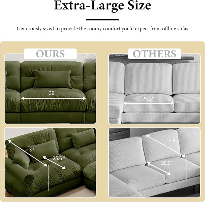 166" Oversized Couch, 4 Seater Modular Sectional Sofa, Olive Large Sectional Couches for Living Room, 4 Seater Velvet Fluffy Cloud Couch Set with 6 Pillows, Deep Seat Sofas for Living Room