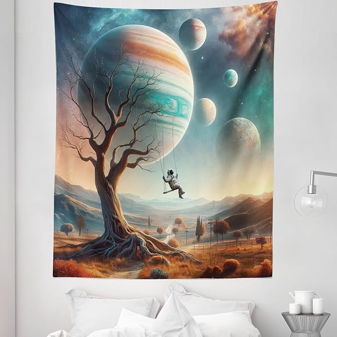 Ambesonne Space Tapestry Twin Size, Scene of a Lonely Astronaut on a Swing in an Unknown Galaxy Among Planets and Trees, Wall Hanging Bedspread Bed Cover Wall Decor, 68" X 88", Teal Ginger