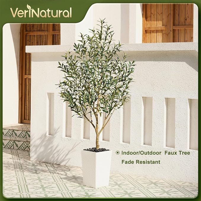 Artificial Olive Tree 6FT Indoor&Outdoor Faux Plant - UV Resistant Large Fake Tree with White Planter & Pebbles, Realistic Tall Potted Artificial Trees for Modern Home Decor Office Living Room VN132
