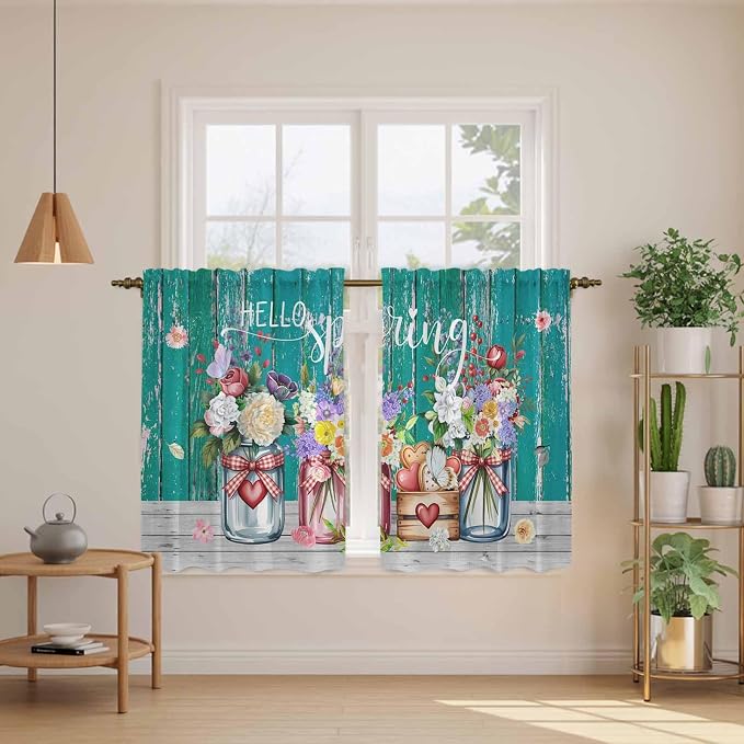 Spring Flowers Tier Curtains, Farmhouse Watercolor Teal Wood Grain Light