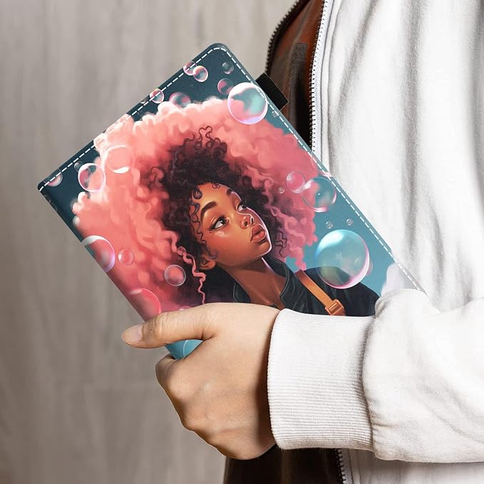 Case for Amazon Kindle Fire HD 10 Tablet 10.1 (9th/7th Generation 2019/2017 Release) - PU Leather Folio Case with Smart Auto Wake/Sleep African American Girl