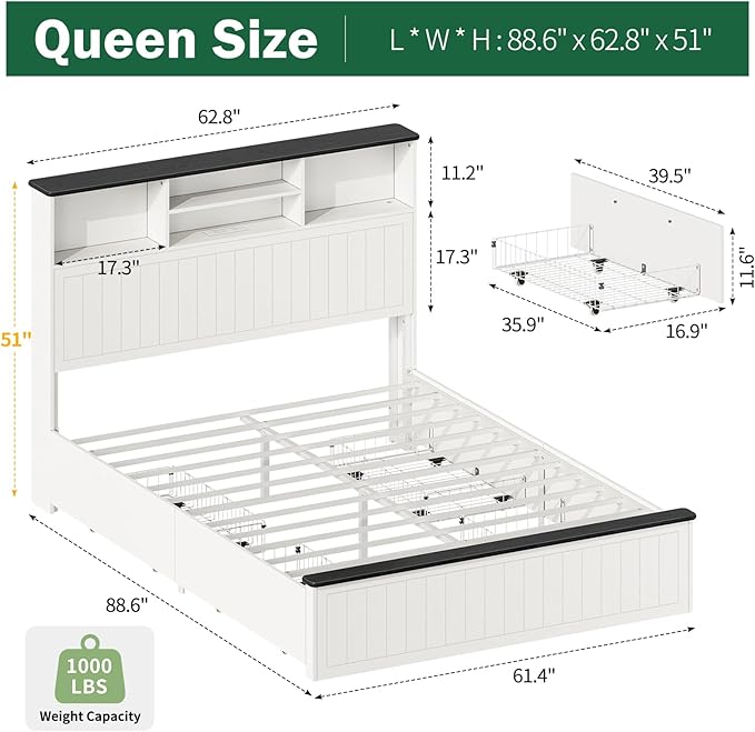 Yoobure Queen Bed Frame with Headboard - Farmhouse Wood Bed Frames Queen Size with 4 Storage Drawers, Platform Beds with Charging Station & LED Light, No Noise Double Bedframe, No Box Spring Needed