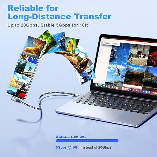 LDLrui 10FT Right Angle USB C Cable 100W PD 20Gbps Data 4K Video | Large Workspaces Commercial Displays Long Distance Routing Flexible Installation Full-Featured USB-C
