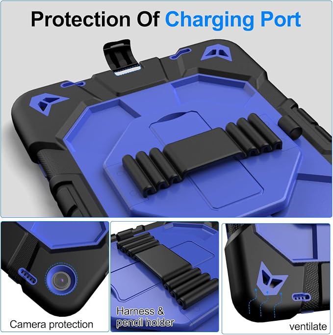 Heavy Duty Shockproof Case for Samsung Galaxy Tab A9+ Plus 11 2023 (SM-X210/X216/X218) [Dual Front Frame] with/No Screen Protector 360 Rotating Stand Hand &amp Shoulder Strap (Black/Black)