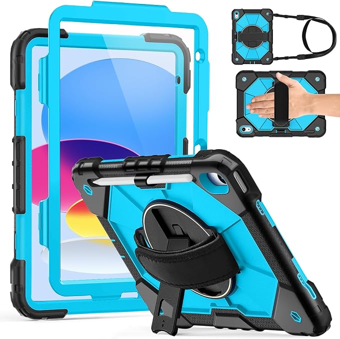 Weuiean Case for iPad A16 11th/10th Generation 11/10.9 Military-Grade Heavy-Duty Shockproof Cover with 360° Rotating Stand Built-in Pencil Holder &amp Adjustable Hand/Shoulder Strap - Black
