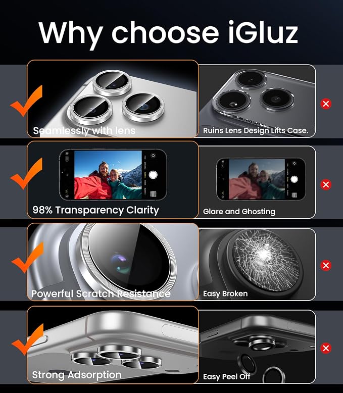 iGluz 2 Pack Anti-Reflection Camera Lens Protector for iPhone 17/16/16 Plus [98% Transmittance][1-Step Installation][Strong Adsorption] 9H Shatterproof Tempered Glass-Black