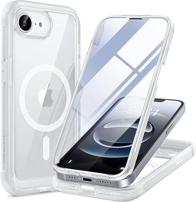 Miracase Magnetic for iPhone 16e Case Full-Body Phone with Built-in Glass Screen Protector, [Compatible with MagSafe] Military Drop Proof 16E Cover Bumper 6.1 inch, Matte Clear