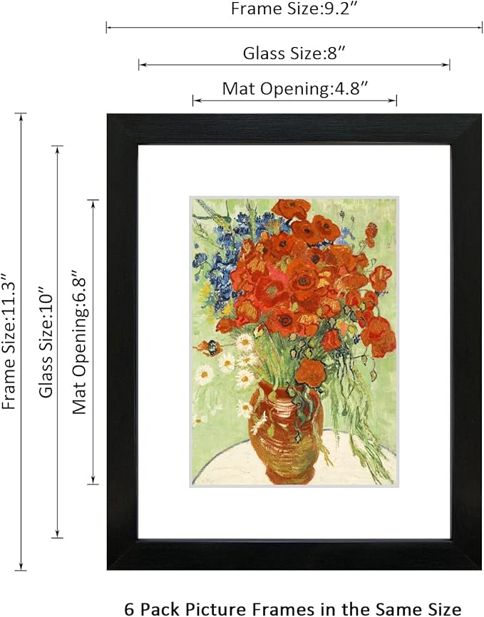 8x10 Picture Frame Set of 6 with Real Glass for Pictures 5x7 with Mat or 8x10 Without Mat, Wall Gallery or Tabletop display Photo Frames in Black