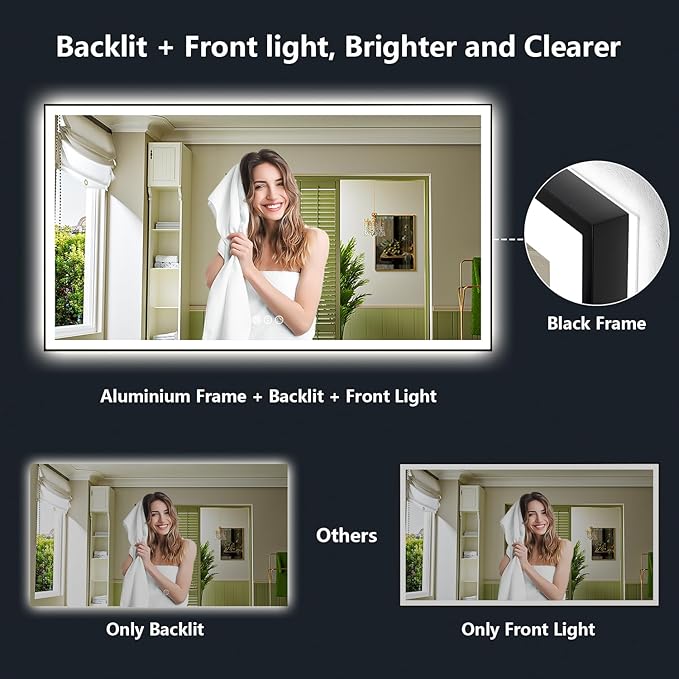 YEELAIT 88x38 Inch LED Bathroom Mirror with Lights (Front Lit and Backlit) Black Framed Lighted Vanity Mirror for Bathroom Wall Dimmable Anti-Fog Memory Tempered Glass Horizontal/Vertical