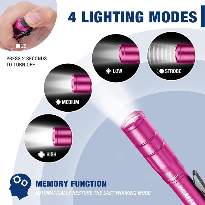 WORKPRO Rechargeable Pen Light 2 Pack Ultra-Compact EDC Flashlight Black | Mini Flashlight Pocket Flashlight with Clip Memory Function and 2 x USB C Cable Included
