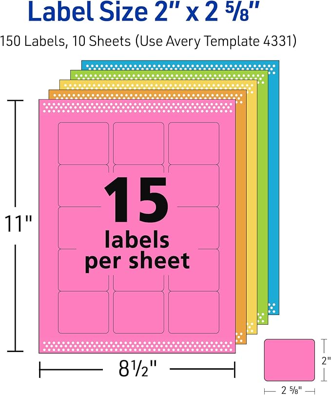 Avery Printable Labels with Sure Feed, 2" x 2-5/8", Assorted Bright Colors (Pink, Blue, Green, Yellow, and Orange), Laser & Inkjet Compatible, 150 Blank Labels Total (4331)