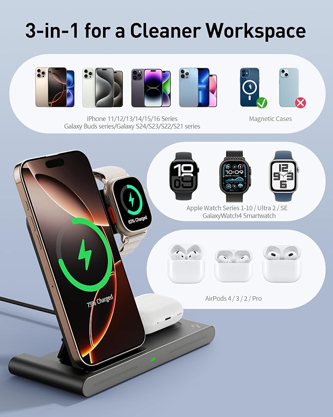 2026 Travel Portable Wireless Fast Charging Station for Apple &amp Android | 3 in 1 Charging for iPhone17 16 15 14 13 12Apple Watch Series &amp Air pods 4 3 2 ProSamsung Galaxy