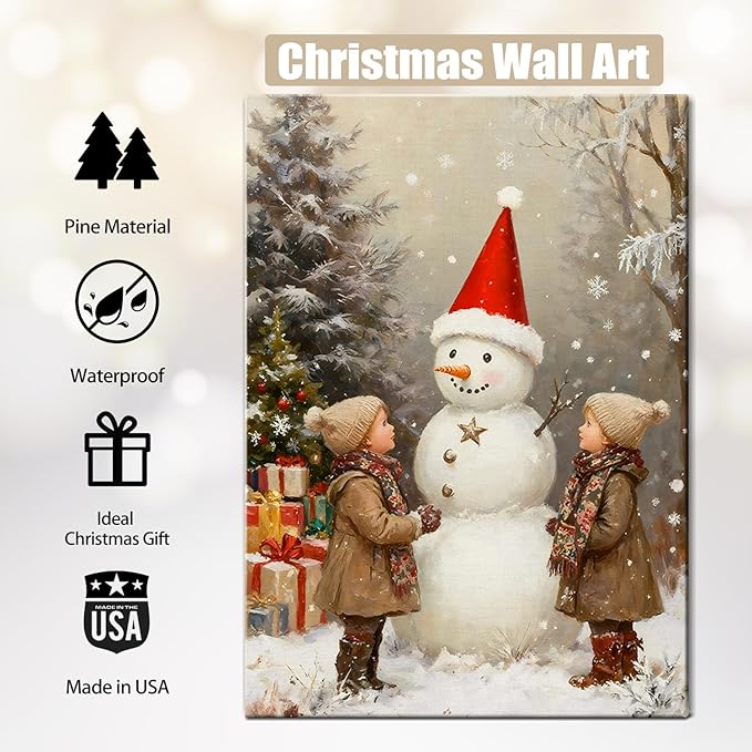 Vintage Snowman with Children Christmas Canvas Wall Art - Rustic Winter Scene Framed Prints for Livingroom & Bedroom, Cozy Farmhouse Christmas Wall Art, Unique Christmas Gifts & Festive Decorations