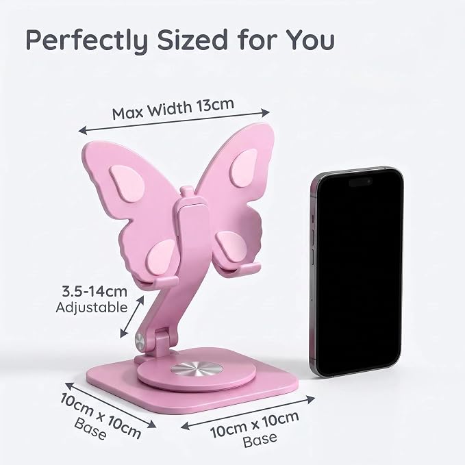 Butterfly Cell Phone Stand for Desk Aluminum Alloy 360° Rotating Phone Holder Height &amp Angle Adjustable Foldable Desktop Dock Universal Anti-Slip for Smartphones Tablets Home Office Travel