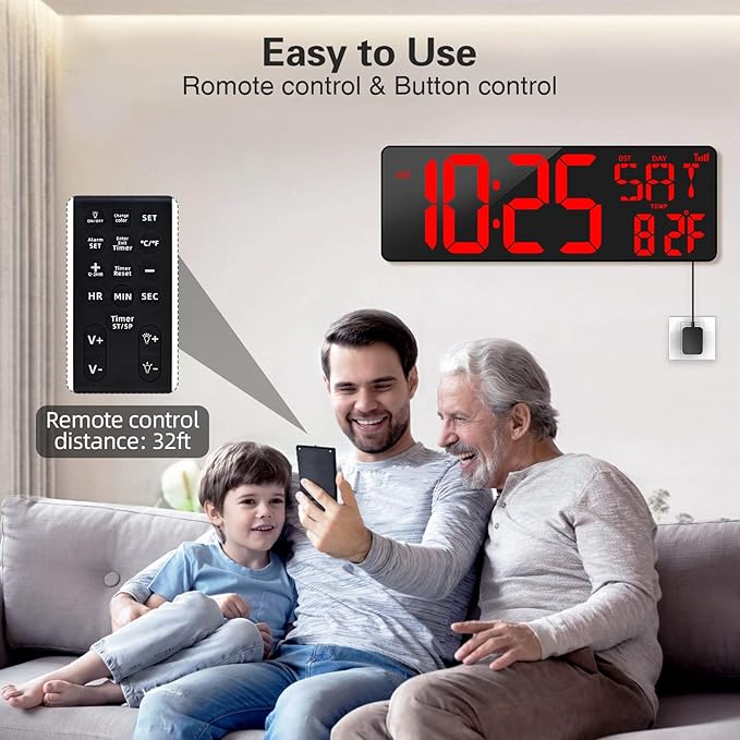 XREXS Large Digital Wall Clock WiFi Sync, 16.5 in Large Display Wall Clock with Temperature/Date/Week, LED Big Digital Timer Clock with Remote Control, Alarm Clock for Home and Office, Auto-dimming