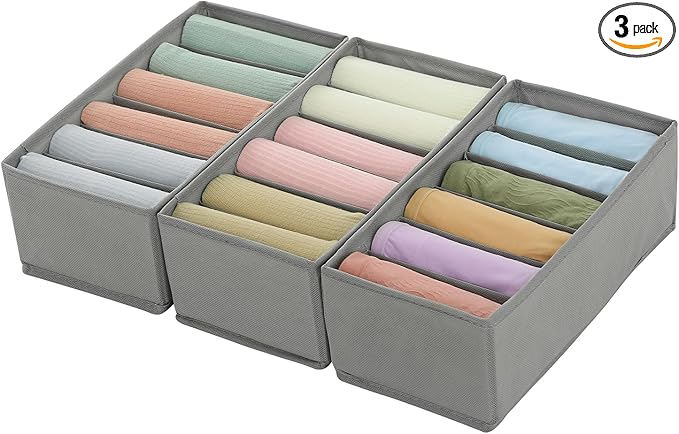 Qozary 3 Pack Sock Underwear Drawer Organizer Dividers, Non-Woven Fabric Collapsible Cabinet Closet Storage Boxes for Clothes, Socks, Lingerie, Underwear, Tie, Belt, Baby, Bedroom