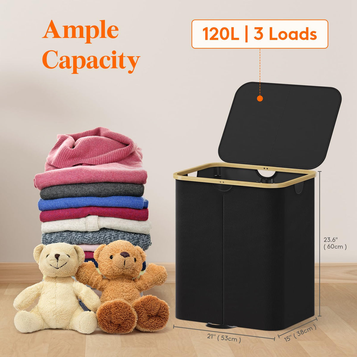 Lifewit 120L Double Laundry Hamper with Lid, Large Laundry Basket with Removable Bag & Bamboo Handles, Fodable Tall Dirty Clothes Hamper for Laundry Collapsible Bin for Bathroom Bedroom Dorm, Black