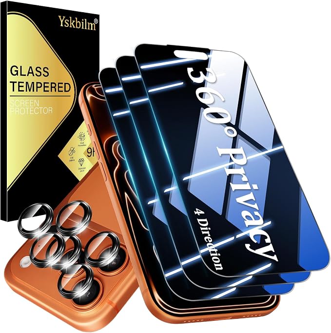(3+2 Pack) 360° Privacy Screen Protector for iPhone 16 Pro Max 【4 Way Anti Spy】 + Camera Lens Protector9H Shatterproof Anti-PeepBubble-Free Case Friendly Easy Installation Frame Included