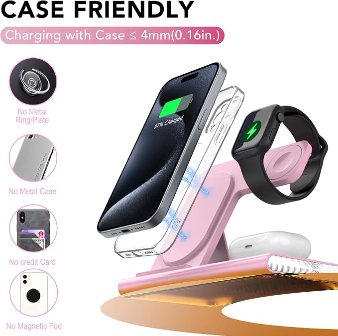 3 in 1 Foldable Wireless Fast Charging Station for Apple Multiple Devices | iPhone Charging Station for iPhone 17 Travel iWatch Charger Stand Light Nightstand Charging Dock for Apple Watch/Airpods