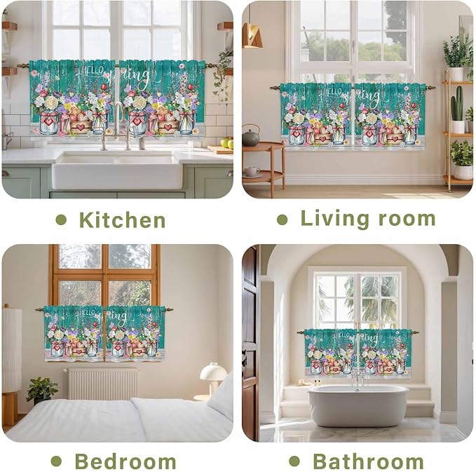 Spring Flowers Tier Curtains, Farmhouse Watercolor Teal Wood Grain Light