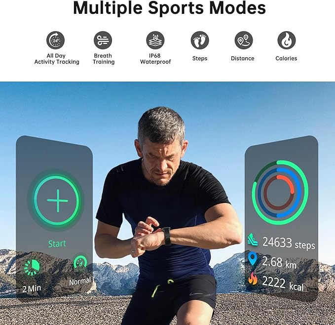 Sunorshop Health Fitness Tracker, Smart Watch with 24/7 Heart Rate and Blood Oxygen Monitor, Sleep Tracker with IP68 Waterproof, Activity Tracker Pedometer Step Counter for Women Men (Deep Black)