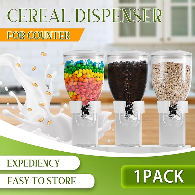 Umigy 1 Pack Triple Indispensable Dry Food Dispenser 67oz Each Capacity Cereal Container for Storage Preserving Dispensing Kitchen Rice Candy Nuts Dog Food Granola Snack Gumball Countertop (White)