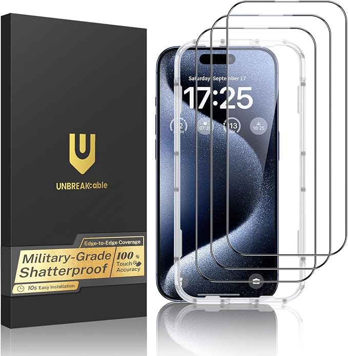 UNBREAKcable 3-Pack Screen Protector for iPhone 15 Double Shatterproof Tempered Glass [Easy Installation Frame] [99.99% HD Clear] [9H Hardness] [Full Coverage] [Case Friendly] for Apple 15 6.1 inch