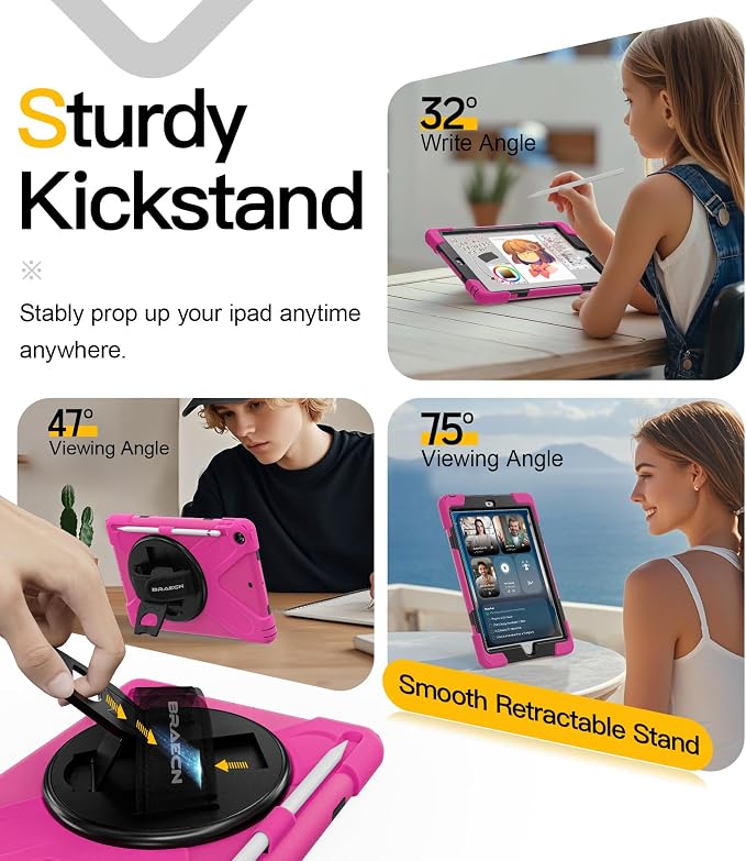 BRAECN Case for iPad 6th/5th Generation - 9.7 inch 2018/2017 Black | Protective Heavy Duty Shockproof Rugged Cover for Kids/Adults 360° Rotating Hand Strap/Stand &amp Detachable Shoulder Strap
