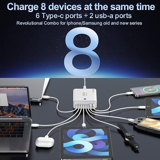 8-Port Multi Charging Stations 200W with Flat Plug Braided Power Cord and On/Off Switch- USB Charging Hub for iPhone iPad MacBook and More- 65W C Port Power Adapter for Laptops