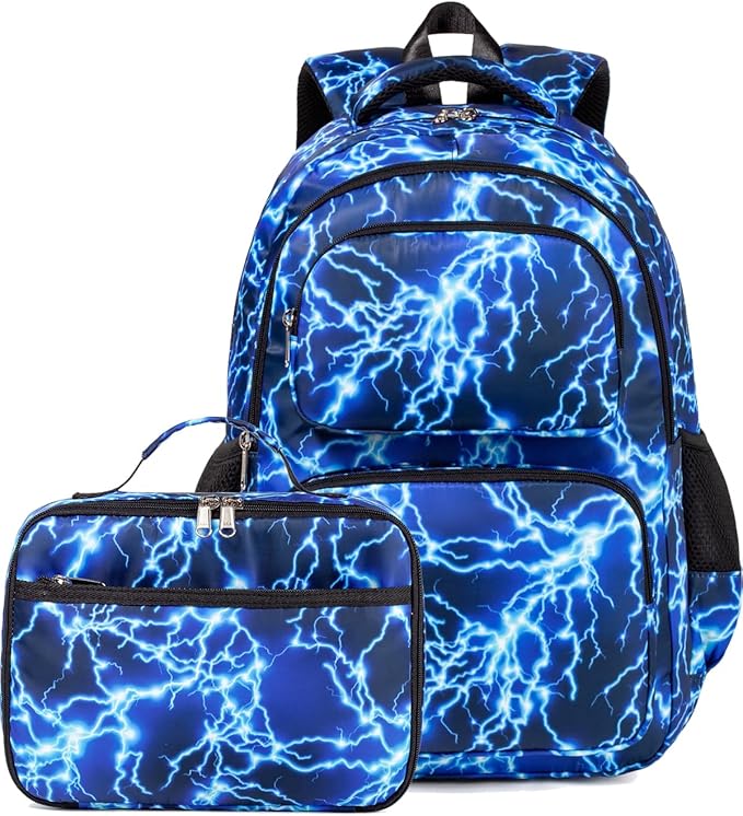 Kids Backpack Boys Lightning Backpack with Lunch Box Kindergarten Elementary Middle School Travel Sport Blue Bookbag for Boys Ages 4-14, Flash Lightning-Blue