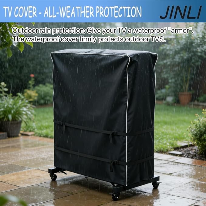 JINLI 55-60 inch outdoor TV trolley cover, courtyard TV cover, Oxford fabric waterproof and dustproof, triple windproof design, compatible with rolling/mobile stand