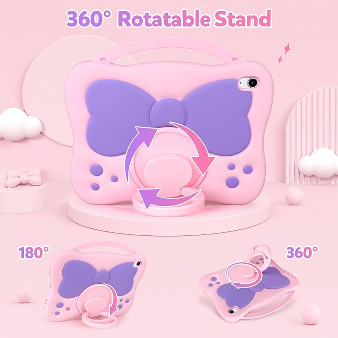 VOFUOE for iPad A16 Case Kids iPad 11th/10th Generation Case 11 Inch 2025 | Cute Bow Soft Silicone iPad 10th Cover 10.9 Inch 2022 for Girls Built-in Handle Rotatable Stand Pencil Holder-Pink Purple