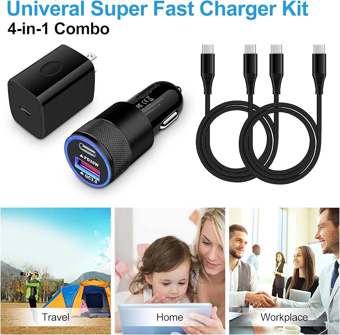 Type C Charger Fast Charging Block for Samsung Galaxy S25 A15 5GA16A55 | A35A14A13A25S24 S23 FEA03sA53Z Fold620W PD 3.0 USB C Wall Charger 38W Car Adapter+2 PCS Android 6ft USB C-to-C Cable