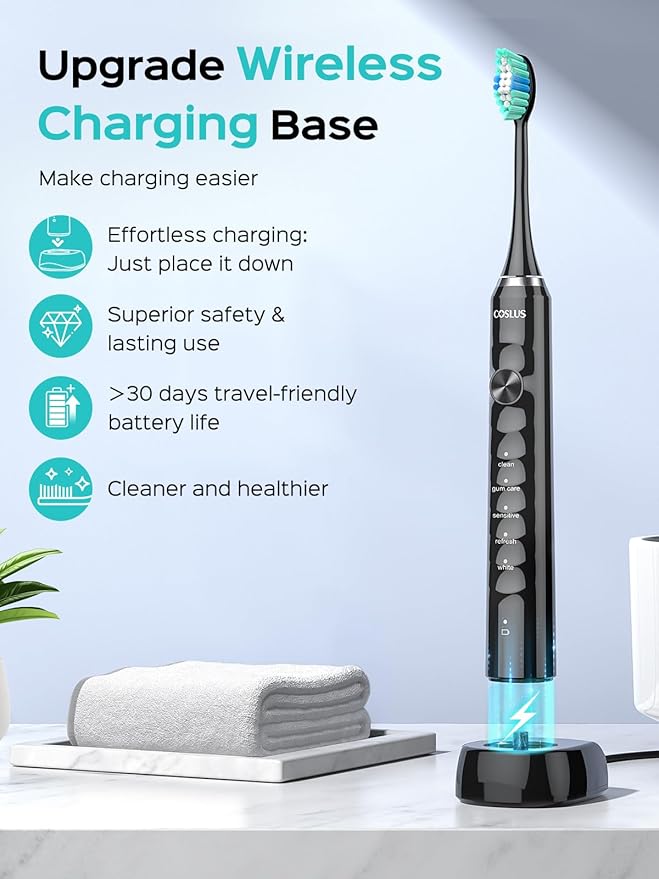 COSLUS Sonic Electric Toothbrush for Adults: 47000 VPM for Deep Cleaning & Whitening with Travel Case - 5 Modes for Sensitive Teeth & Braces, Wireless Charging, 6 Brush Heads, Black & Pink (2PCS)