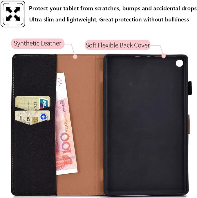 Fire HD 8 Case Slim Folding Stand Auto Wake/Sleep Wallet Case with Cards/Cash Holder for Amazon Fire HD 8(8th/7th/6th Gen 2018/2017/2016 Release)-Black