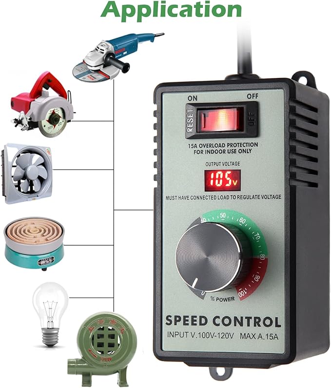 AC Motor Speed Controller 110-120V / 15A Max / 10A Rated Variable Fan Speed Controller AC Electronic Voltage Regulator with Overload Protection Switch & Voltage LED Display Screen