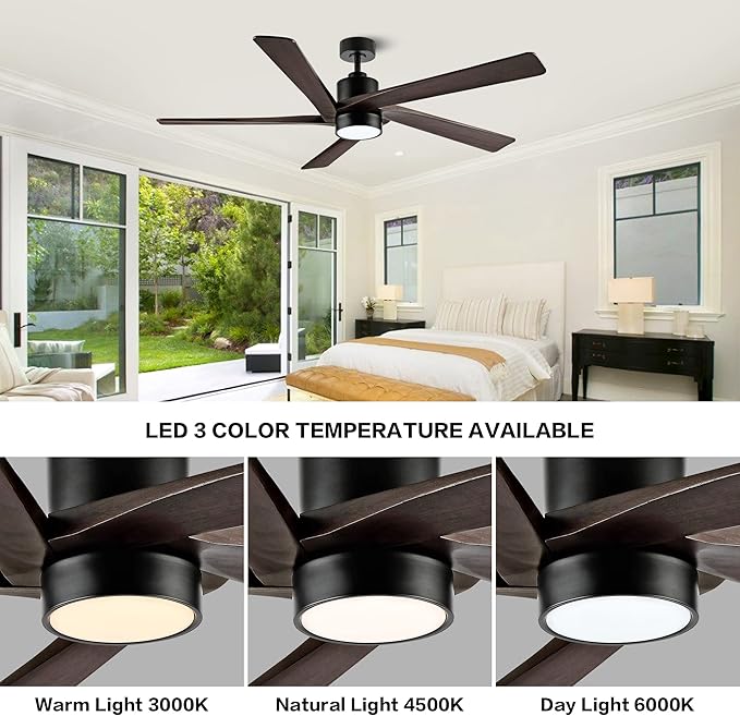 WINGBO 72 Inch DC Ceiling Fan with Lights and 3 Downrods, 5 Reversible Carved Wood Blades, 6-Speed Noiseless DC Motor, Large Ceiling Fan in Matte Black Finish with Walnut Blades, ETL Listed