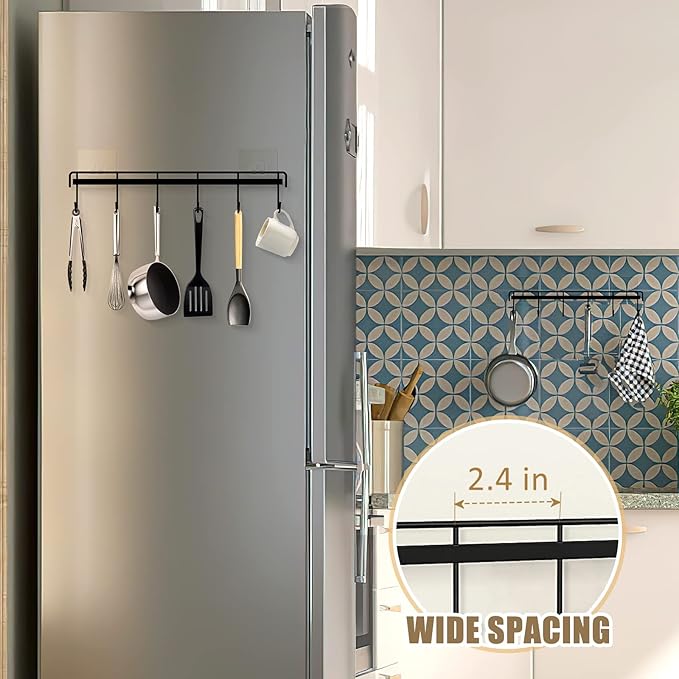 Kitchen Utensil Hanger, Adhesive Utensil Holder Wall Mount Kitchen Rack Rail with 12 Hooks, Space Saving and No Drilling, Black, 2 Pcs