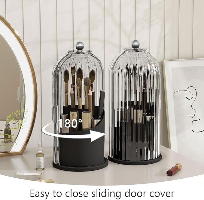 Makeup Brush Holder with Dustproof Cover 360 Rotating Makeup Brush Organizer for Vanity Bathroom, White/Black