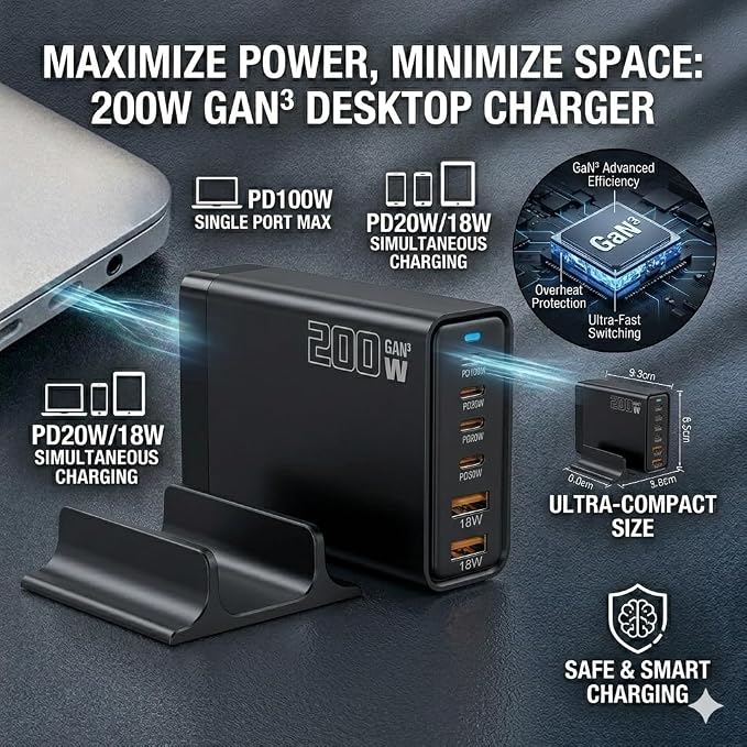 Heargrow 200W GaN USB C Charging Station 6-Port USB C Multi Charger Block with 4 Cables Fast Wall Charger Power Strip for iPhone 17 16 15 14 iPad MacBook Samsung Galaxy Pixel
