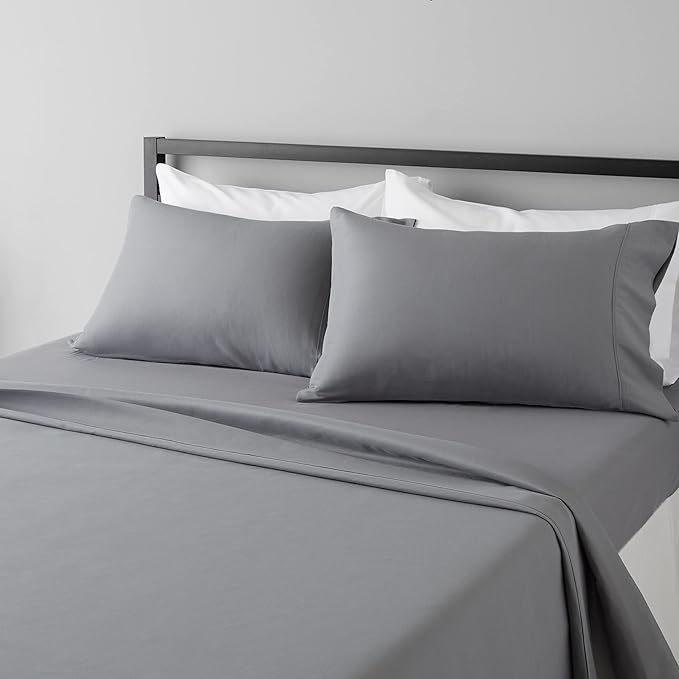 Amazon Basics Soft, Breathable, Wrinkle-free Microfiber 4 Piece Bed Sheet Set, 14-inch Deep Pockets, King, Dark Gray, Solid
