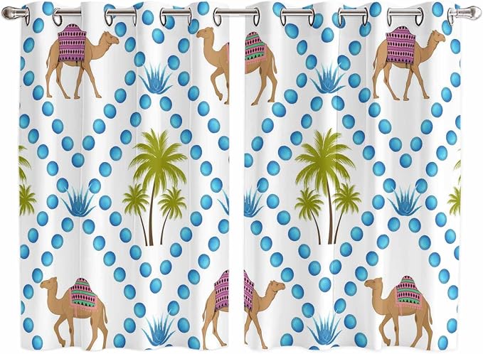 2 Panel Kitchen Cafe Curtains, Camels Palm Trees Sunlight Filtering Nature Air