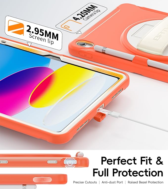 BATYUE Shockproof Case for iPad 10th / 11th (A16) Gen 11 inch CoralOrange | 3in1 PC+TPU Heavy Duty Leather Hand Strap Adjustable Stand Screen Protector Pencil Holder Easy Clean Personal/Busine