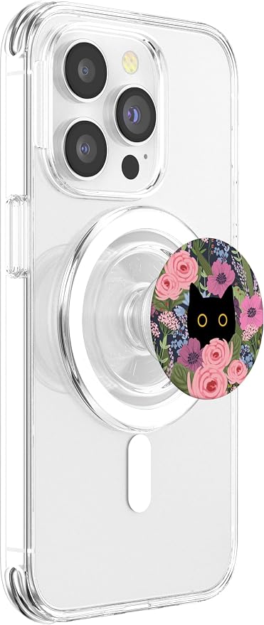 Black Cat Hiding in Garden Flowers Cute Floral Pattern PopSockets Adhesive PopGrip