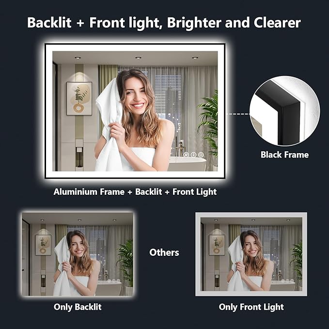 YEELAIT 48x32 Inch LED Bathroom Mirror with Lights (Front Lit and Backlit) Black Framed Lighted Vanity Mirror for Bathroom Wall Dimmable Anti-Fog Memory Tempered Glass Horizontal/Vertical