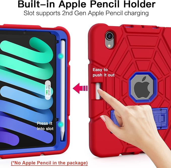 Grifobes Case for iPad mini 7th 2024 (A17 Pro) / Mini 6th Generation 2021 8.3 Heavy Duty Shockproof Cover with Pencil Holder Stand for i Pad Mini 7/6 Gen 8.3 inch Case (Black+Red+Red)