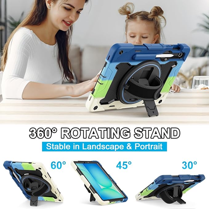 Galaxy Tab S10 Lite/S10 FE/S9 FE 5G/S9 Case 10.9/11 inch | with Screen Protector 360° Rotating Kickstand Hand/Shoulder Strap Heavy Duty Shockproof Cover S Pen Holder Kids Friendly