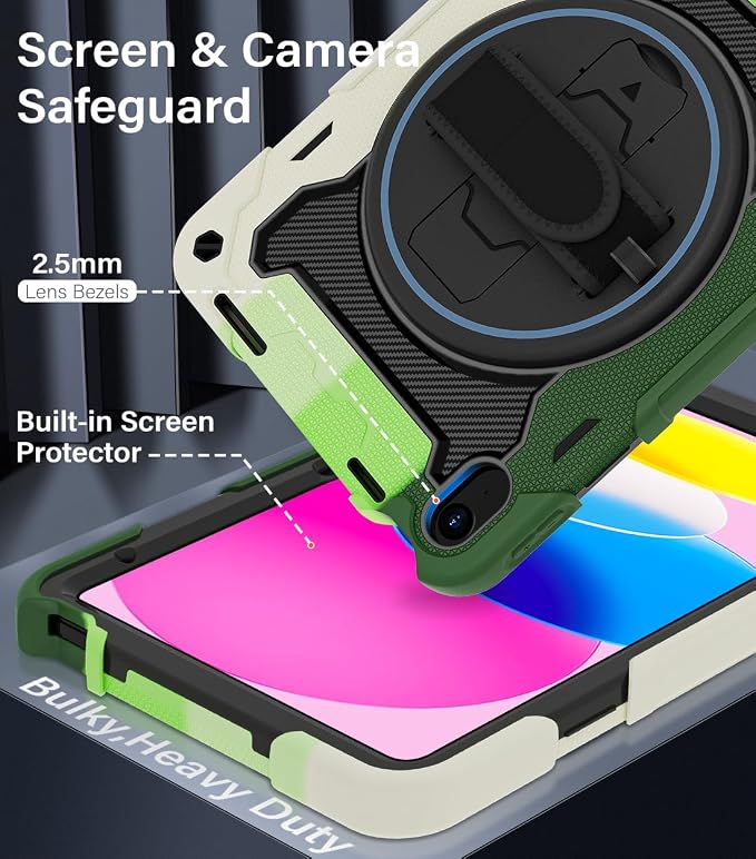 for iPad 9th 8th 7th Gen Case 10.2 inch with Screen Protector | 360° Rotating Kickstand Hand Strap Shoulder Strap Heavy Duty Military Grade - Kids Friendly